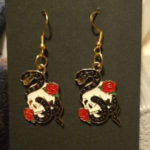 Gold and Red Snake Earrings